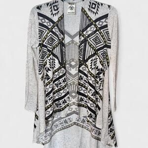 Vocal USA Heather Beige Aztec Print Embellished Long Open Cardigan - Size M